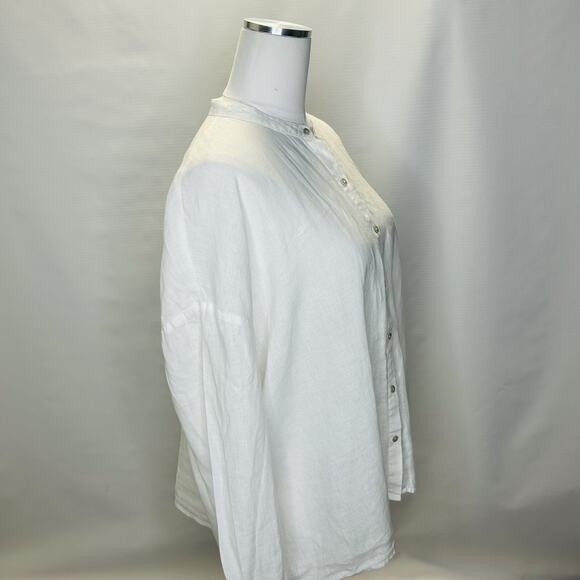 Eileen Fisher White Organic Handkerchief Linen Classic Band Collar Shirt Large - Picture 2 of 9